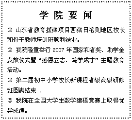 文本框: 学 院 要 闻◎ 山东省教育援藏项目西藏日喀则地区校长和骨干教师培训班顺利结业。◎ 我院隆重举行2007年国家和省奖、助学金发放仪式暨“感恩立志、笃学成才”主题教育活动。◎ 第二届初中小学校长新课程省级高级研修班圆满结束 。◎ 我院在全国大学生数学建模竞赛上取得优异成绩。 