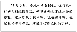 文本框: 11月5日，寿光一中黄校长、徐馆长一行四人到我馆参观、学习自动化建设方面的经验，重点参观了技术部、流通编目部，通过互相学习交流，增进了馆际之间的了解。