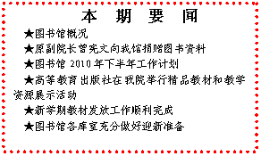 文本框: 　本　期　要　闻★图书馆概况★原副院长曾宪文向我馆捐赠图书资料★图书馆2010年下半年工作计划★高等教育出版社在我院举行精品教材和教学资源展示活动★新学期教材发放工作顺利完成★图书馆各库室充分做好迎新准备