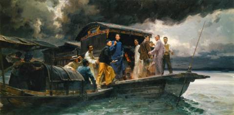 2-启航-中共一大会议-何红舟;黄发祥-50×100cm-油画