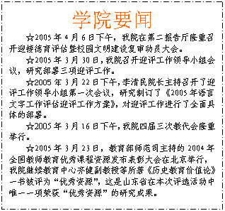 文本框: 学院要闻☆2005年4月6日下午，我院在第二报告厅隆重召开迎接德育评估暨校园文明建设复审动员大会。☆2005年3月30日，我院召开迎评工作领导小组会议，研究部署三项迎评工作。☆2005年3月22日下午，李清民院长主持召开了迎评工作领导小组第一次会议，研究制订了《2005年语言文字工作评估迎评工作方案》，对迎评工作进行了全面具体的部署。☆2005年 3月16日下午，我院四届三次教代会隆重举行。☆2005年3月23日，教育部师范司主持的2004年全国教师教育优秀课程资源发布表彰大会在北京举行，我院继续教育中心齐健副教授等所著《历史教育价值论》一书被评为“优秀资源”，这是山东省在本次评选活动中唯一一项荣获“优秀资源”的研究成果。