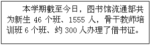 文本框: 本学期截至今日，图书馆流通部共为新生46个班、1555人，骨干教师培训班6个班、约300人办理了借书证。