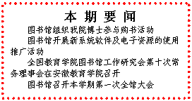文本框: 本 期 要 闻图书馆组织我院博士参与购书活动图书馆开展新系统软件及电子资源的使用推广活动全国教育学院图书馆工作研究会第十次常务理事会在安徽教育学院召开图书馆召开本学期第一次全馆大会