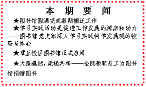 文本框: 　本　期　要　闻★图书馆圆满完成暑期搬迁工作★学习实践活动是促进工作发展的源泉和动力——图书馆党支部深入学习实践科学发展观的收获与体会★章丘校区图书馆正式启用★大厦巍然，梁椽共举——全院教职员工为图书馆捐赠图书